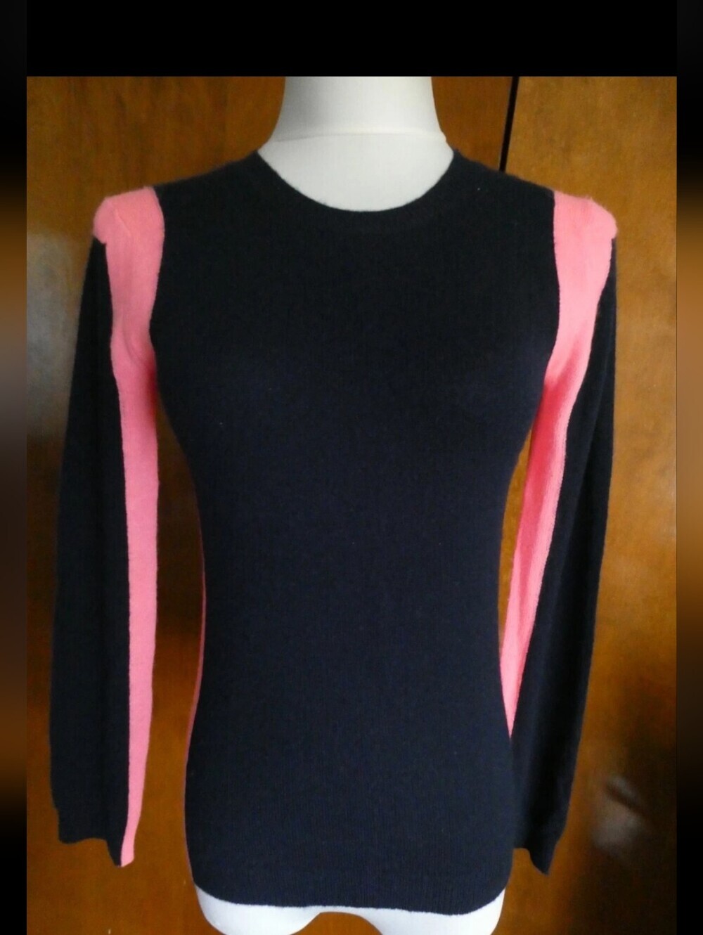 Aqua CASHMERE Navy Crewneck Sweater W/ Purple Sleeve Stripes